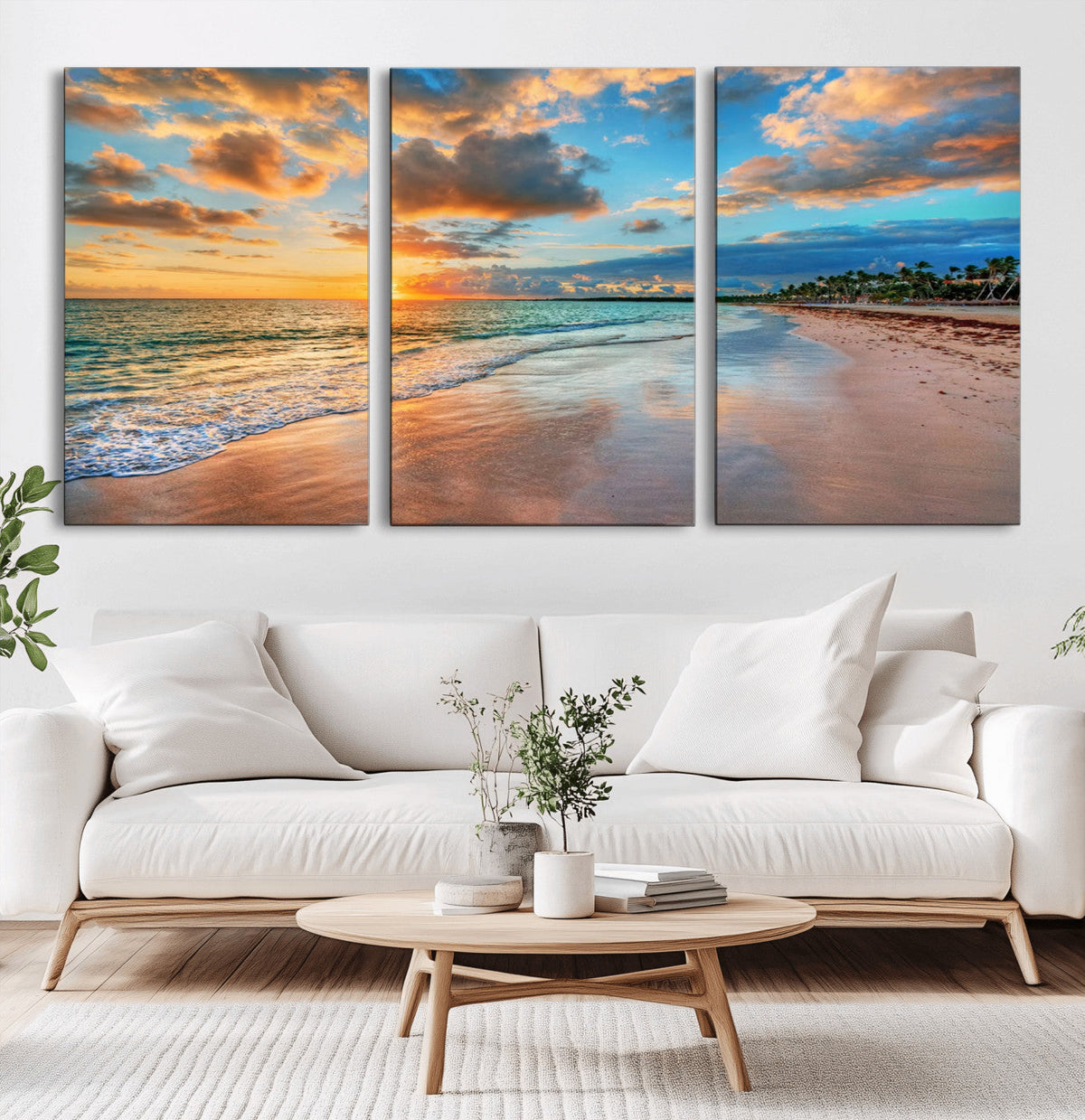 Sunset Beach Canvas Wall Art | Tropical Triptych Seascape Print