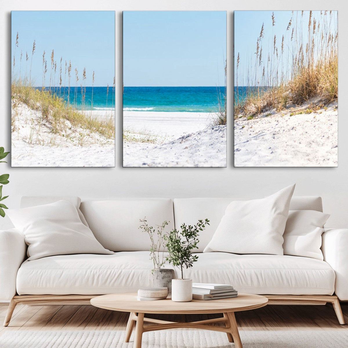 Serene Coastal Dune Path with Ocean View, 3-Panel Beach Canvas Wall Art
