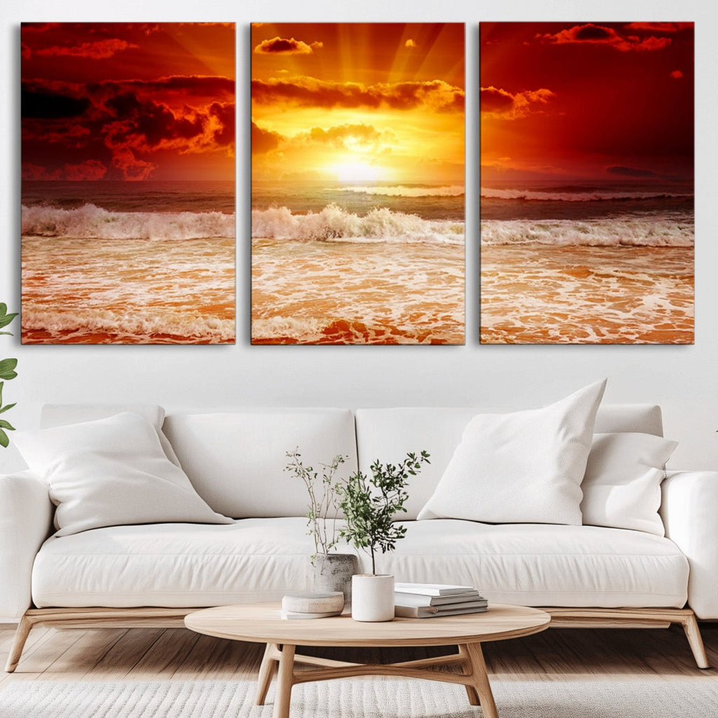 Red Sunset Ocean Beach Canvas Wall Art, Coastal Sunset Print