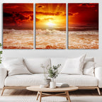 Red Sunset Ocean Beach Canvas Wall Art, Coastal Sunset Print