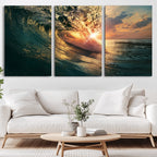 Ocean Wave Sunset Canvas Wall Art | Triptych Seascape Print
