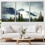 Mountain Mist Canvas Wall Art Print | 3-Panel Foggy Forest and Mountain Landscape