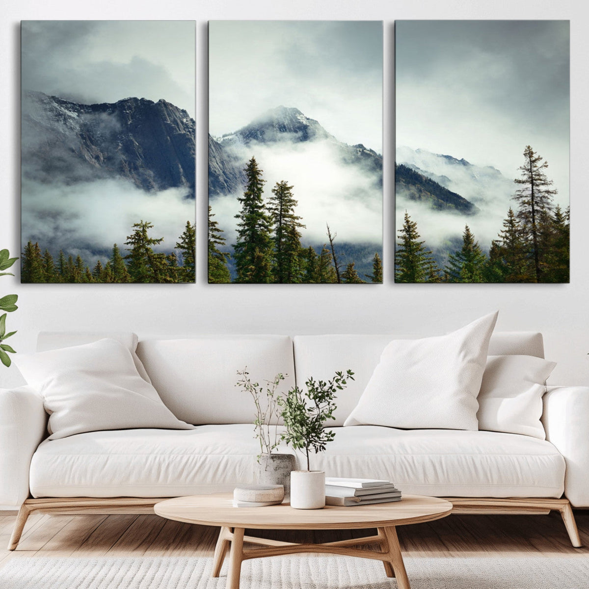 Mountain Mist Canvas Wall Art Print | 3-Panel Foggy Forest and Mountain Landscape