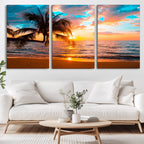 Palm Tree Sunset On The Beach Wall Art Canvas, Framed Palm Tree Sunset Canvas Print