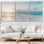 Tranquil Ocean Beach Sunset Canvas Wall Art | 3-Panel Coastal Decor