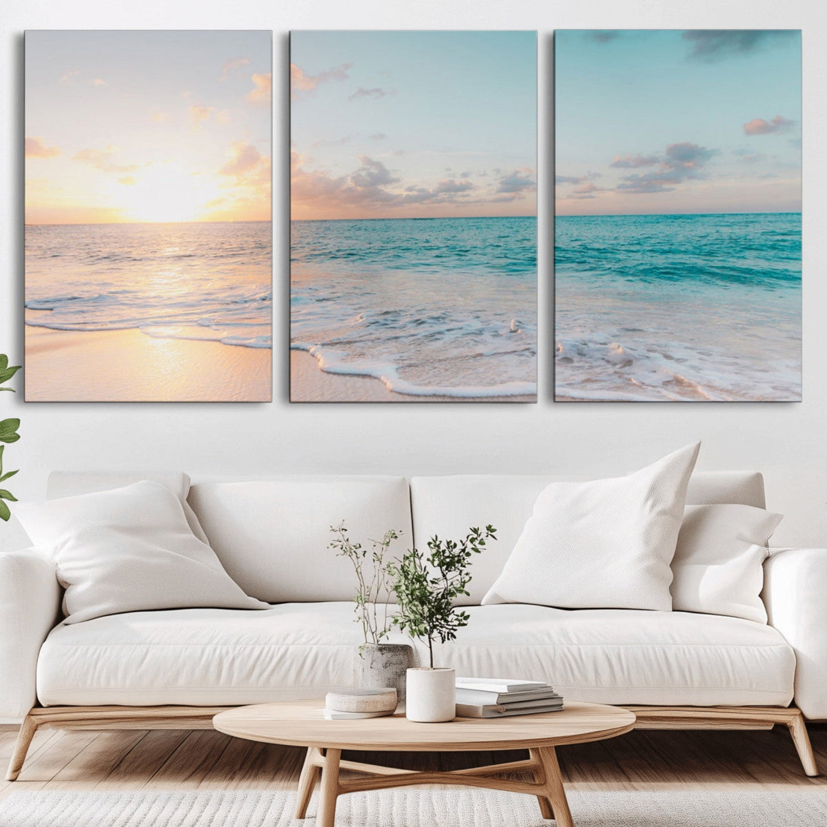 Tranquil Ocean Beach Sunset Canvas Wall Art | 3-Panel Coastal Decor