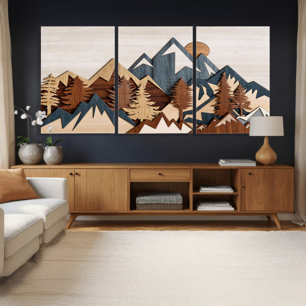 Rustic Abstract Wood Panel Effect Canvas | Mountain Range Top Wood Wall Art Canvas Print