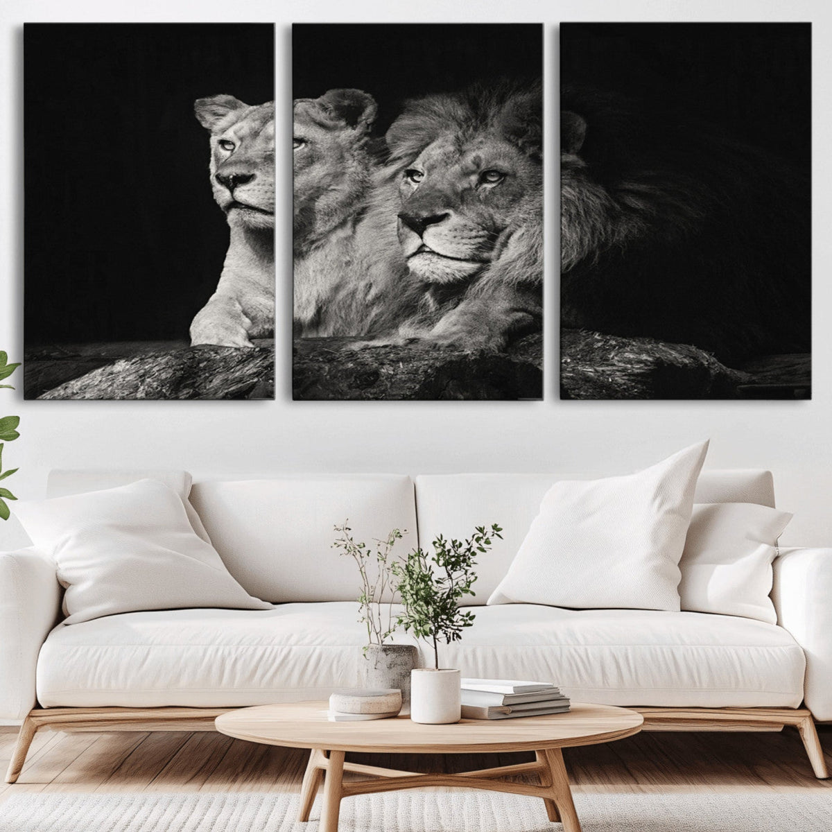 Lion Couple Wall Art Canvas Print, Elegant Black and White Wildlife Portrait