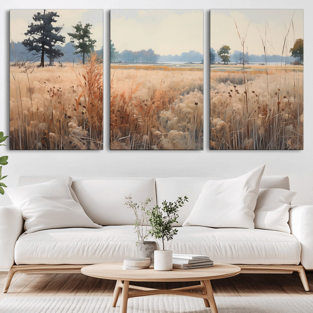 Golden Fields Canvas Wall Art Print | Serene Minimalist Landscape for Modern Decor