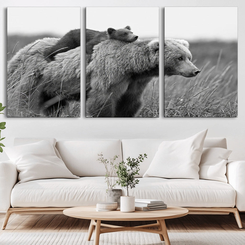 Bear and Cub Wall Art Canvas | Grizzly 399 Bear and Cub Black and White Wildlife Print