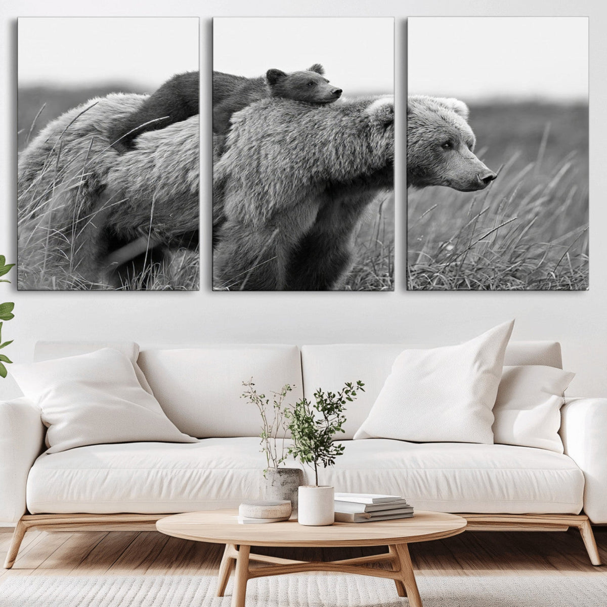 Bear and Cub Wall Art Canvas | Grizzly 399 Bear and Cub Black and White Wildlife Print