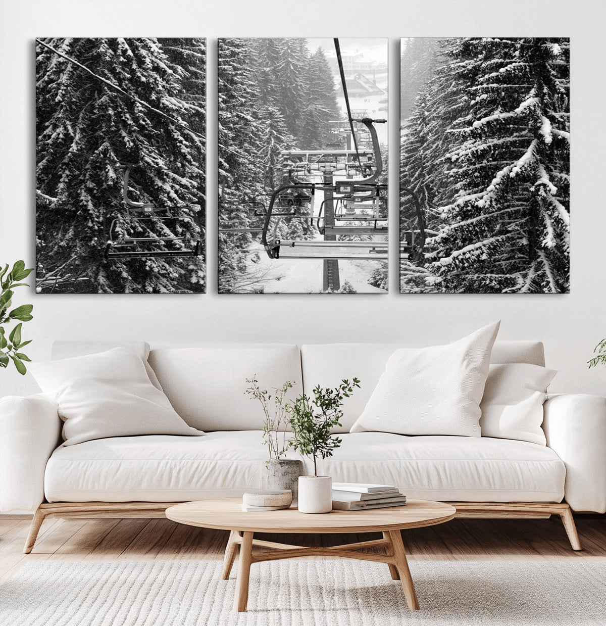 Winter Ski Lift Black and White Canvas Wall Art | Alpine Escape in Minimalist Style