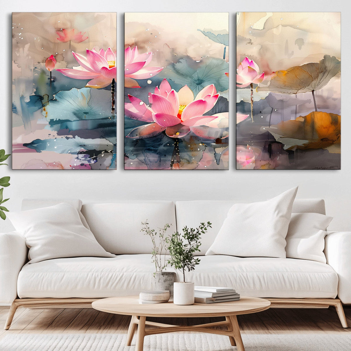 Lotus Flower Wall Art | 3 Panel Giclee Canvas Print of Pink Lotus Blossoms