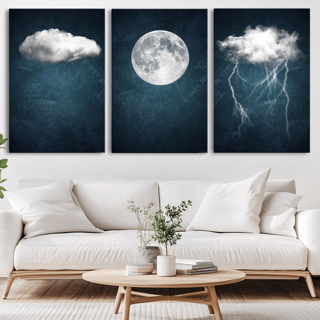 3 Piece Indigo Cloud Wall Art, Thunderstorm Moon Cloud Artwork