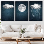 3 Piece Indigo Cloud Wall Art, Thunderstorm Moon Cloud Artwork