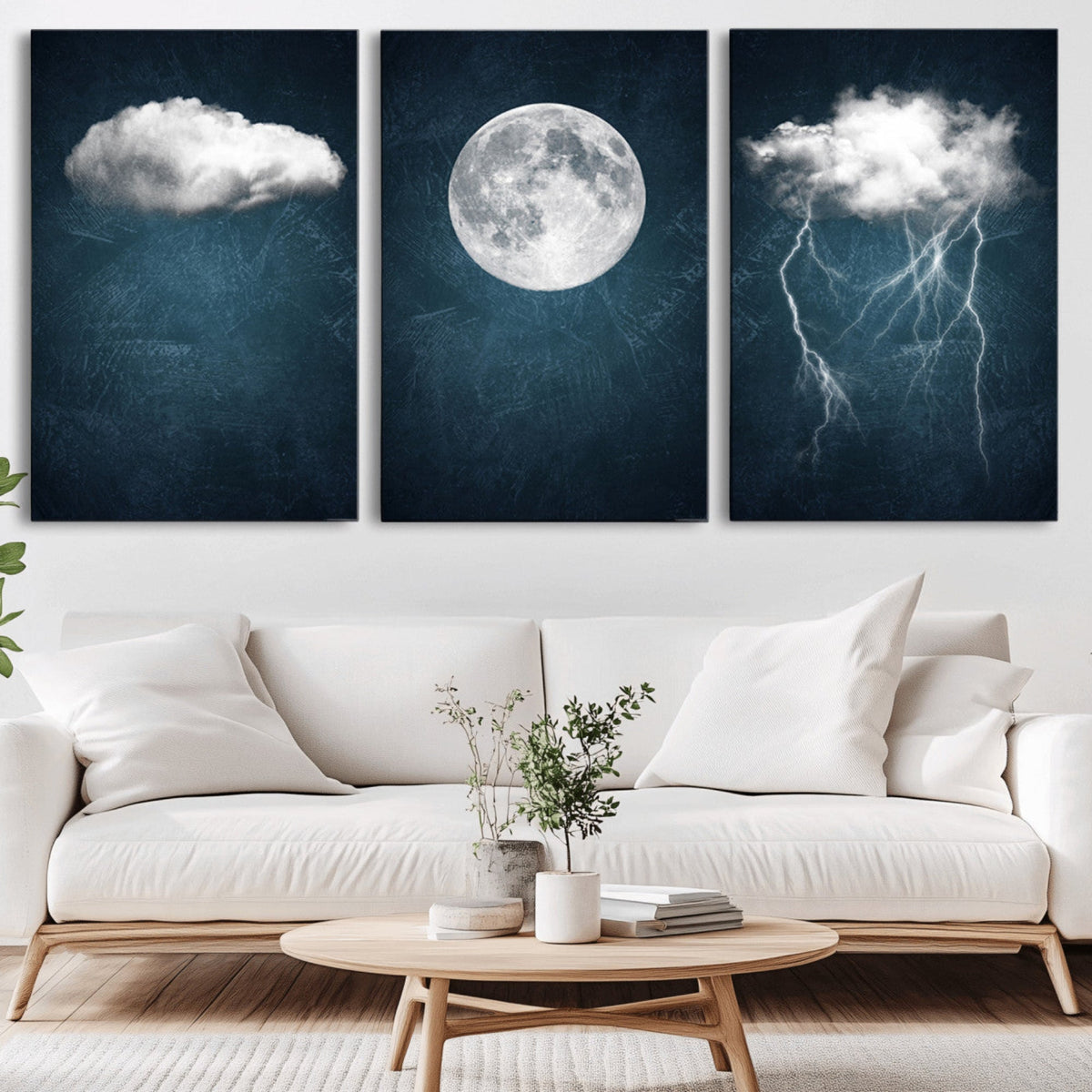 3 Piece Indigo Cloud Wall Art, Thunderstorm Moon Cloud Artwork