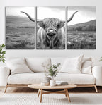 Black White Scottish Highland Cow Canvas Farm Wall Art