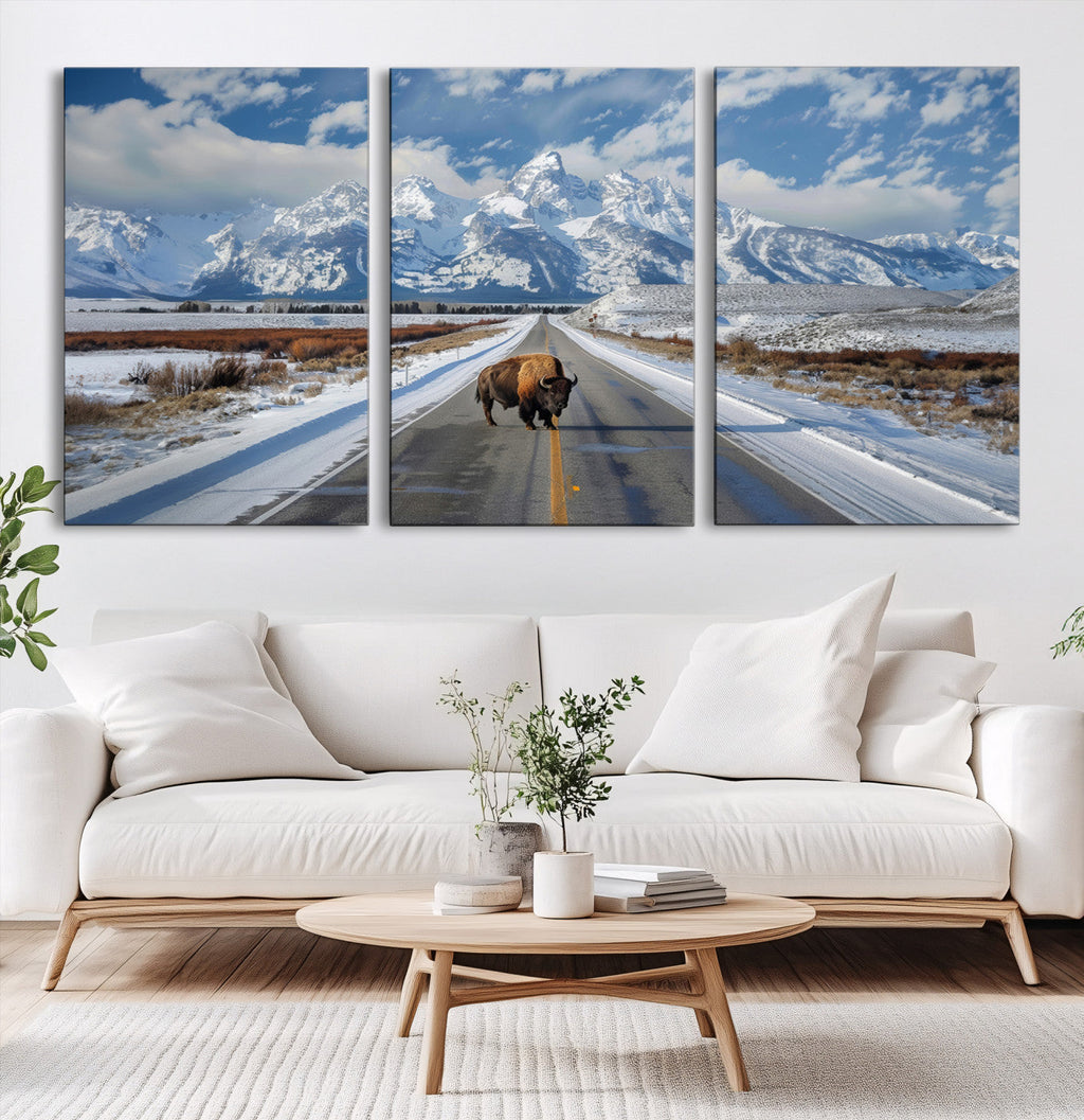 Bison Wall Art | Snowy Road Wall Art | Framed Mountain Landscape Canvas