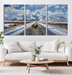 Bison Wall Art | Snowy Road Wall Art | Framed Mountain Landscape Canvas