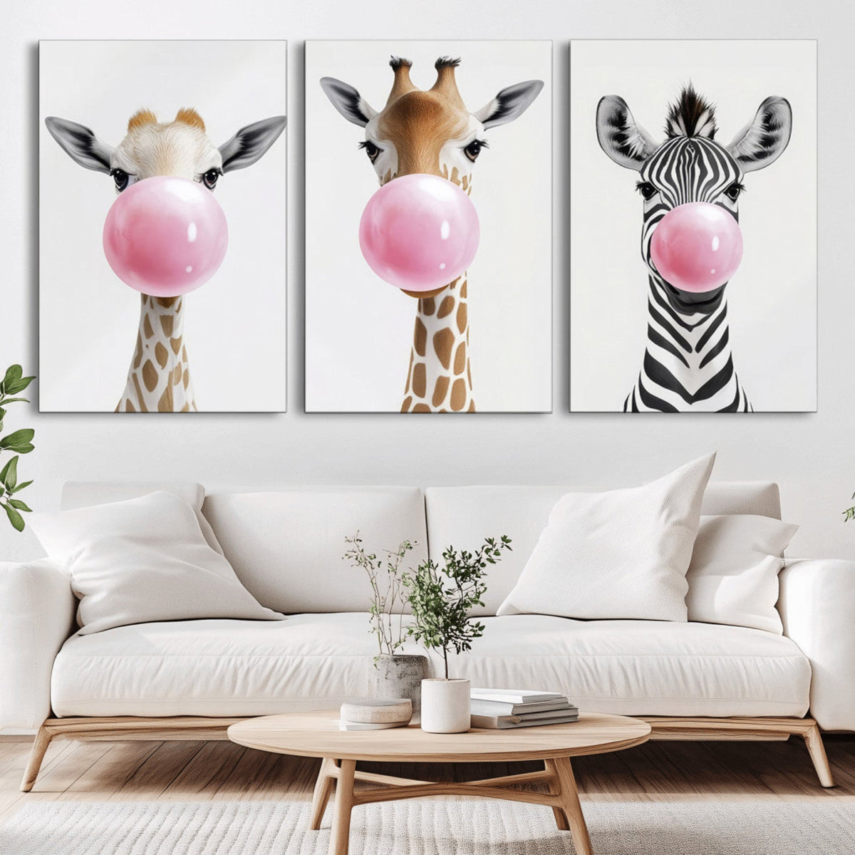 Bubblegum Animals Canvas Wall Art, Playful Giraffe and Zebra Trio, Whimsical Nursery and Kids Room Decor