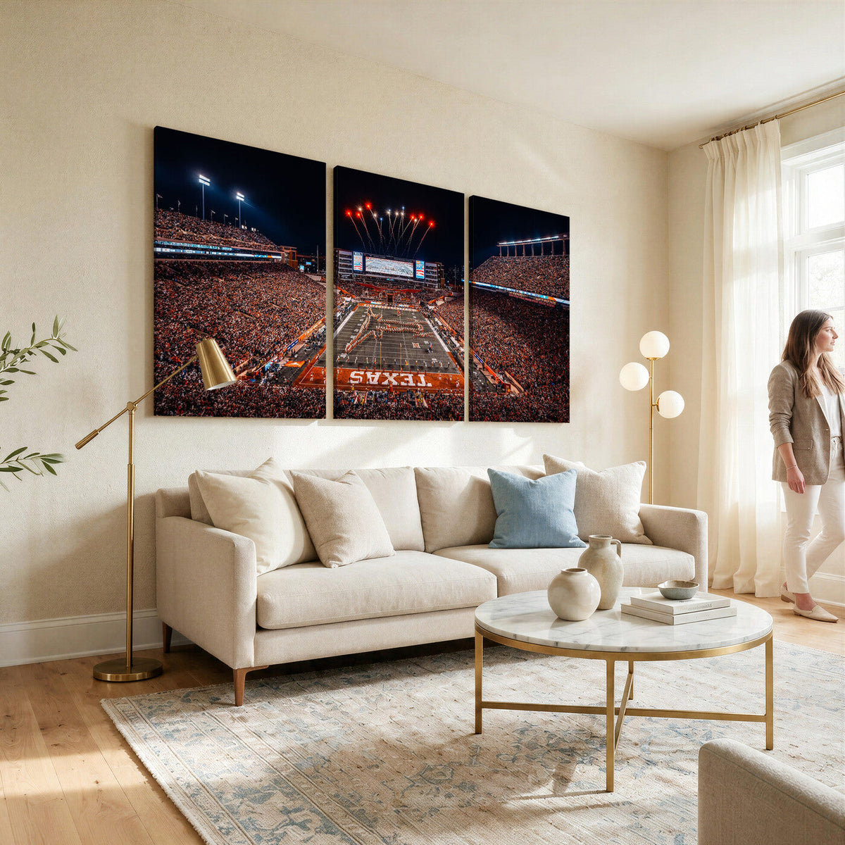 Texas Stadium Night Game Wall Art Canvas Print, Vibrant Football Fireworks Scene