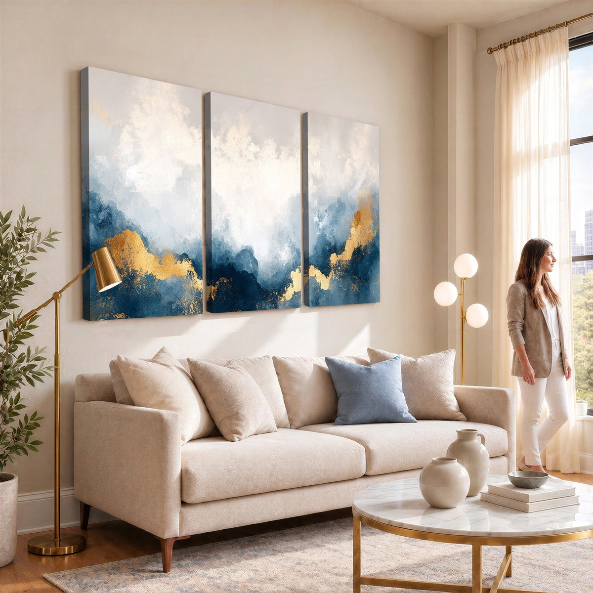 Abstract Blue and Gold Clouds Wall Art Canvas Print, Framed Modern Landscape Artwork