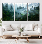 Misty Forest Wall Art Canvas Print, Framed Foggy Mountain Art, Large Scenic Woodland Canvas