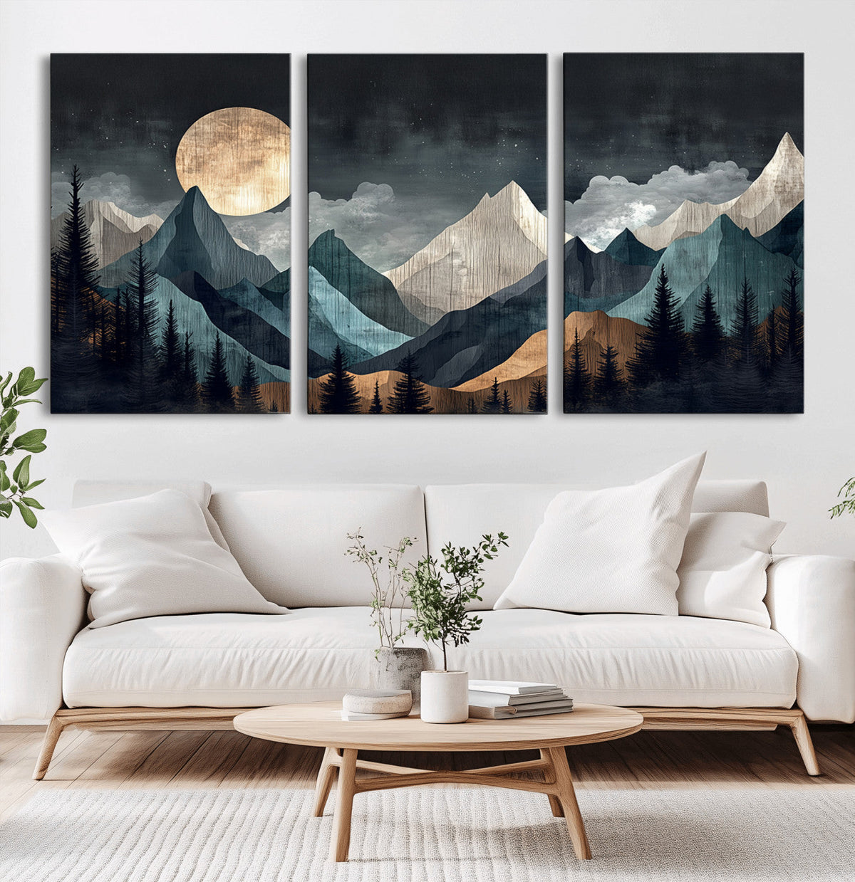 Moonlit Mountain Wall Art Canvas Print, Framed Silhouetted Pines Art, Layered Peaks Rustic Decor