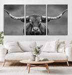 Texas Longhorn Wall Art Canvas Print, Framed Western Bull Photography, Rustic Log Cabin Decor