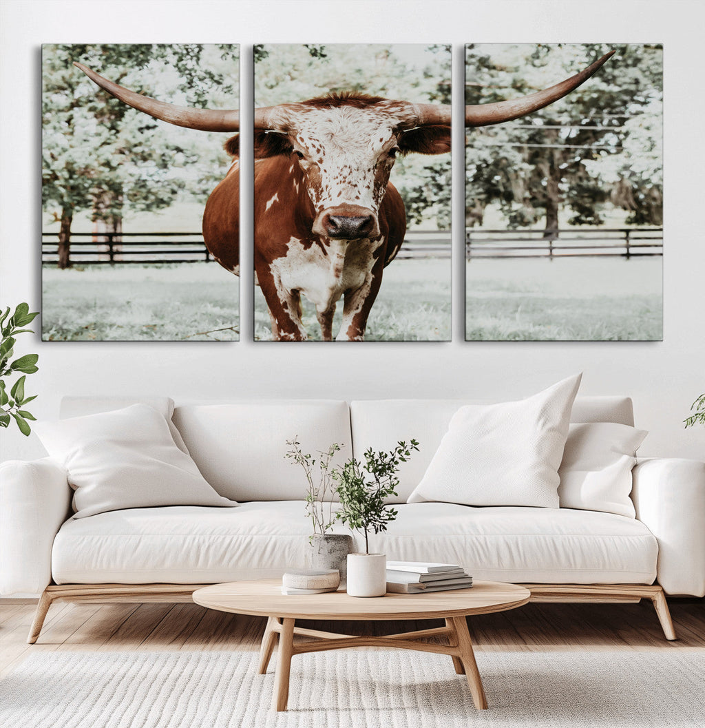 Texas Longhorn Wall Art Canvas Print | Framed Spotted Brown and White Bull