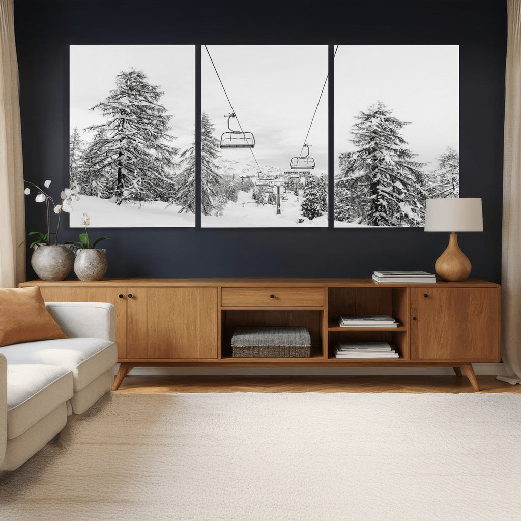 Snowy Ski Lift Wall Art | Framed Winter Forest Canvas