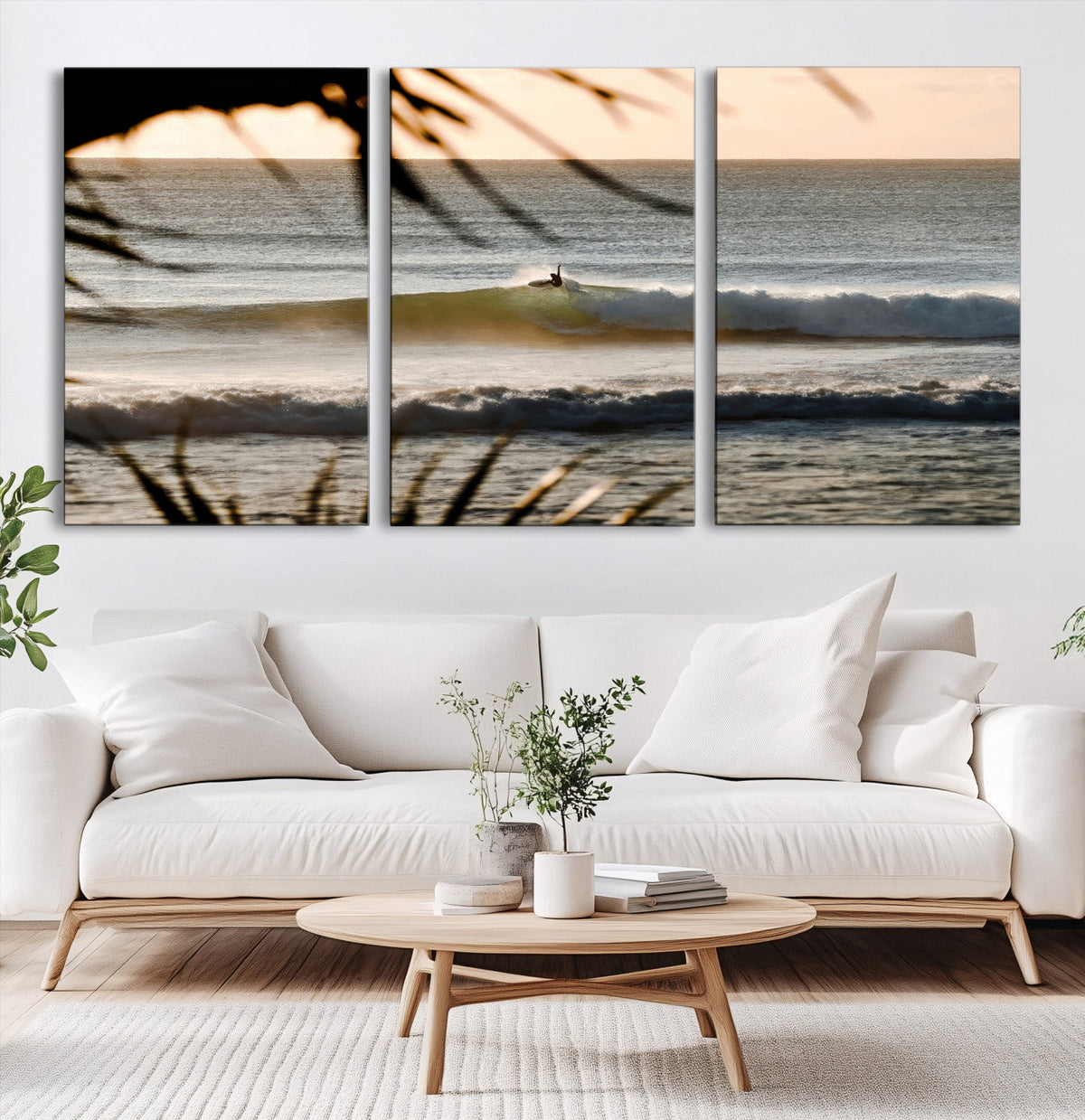 Sunset Surf Wall Art Canvas Print, Framed Golden Hour Waves Boho Beach Art