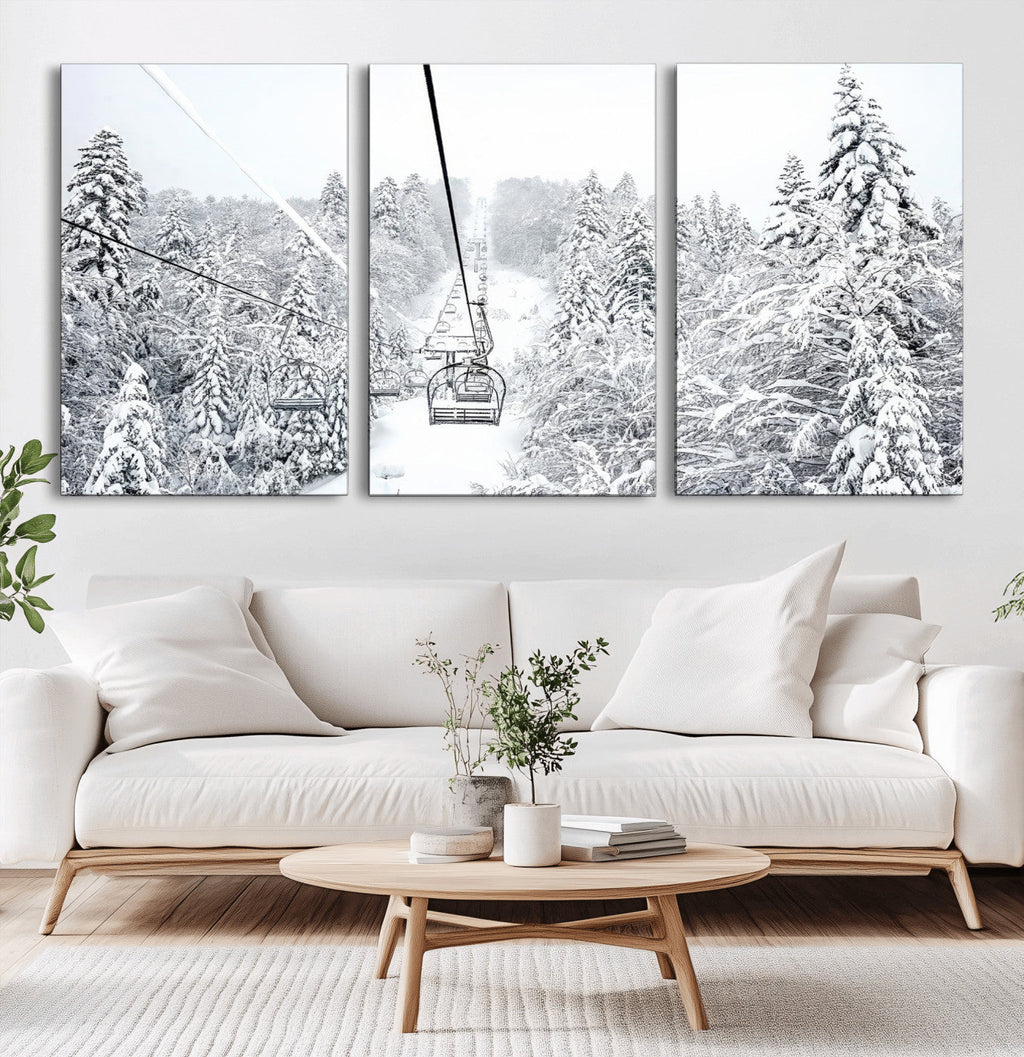 Snowy Ski Lift Wall Art | Framed Winter Mountain Canvas