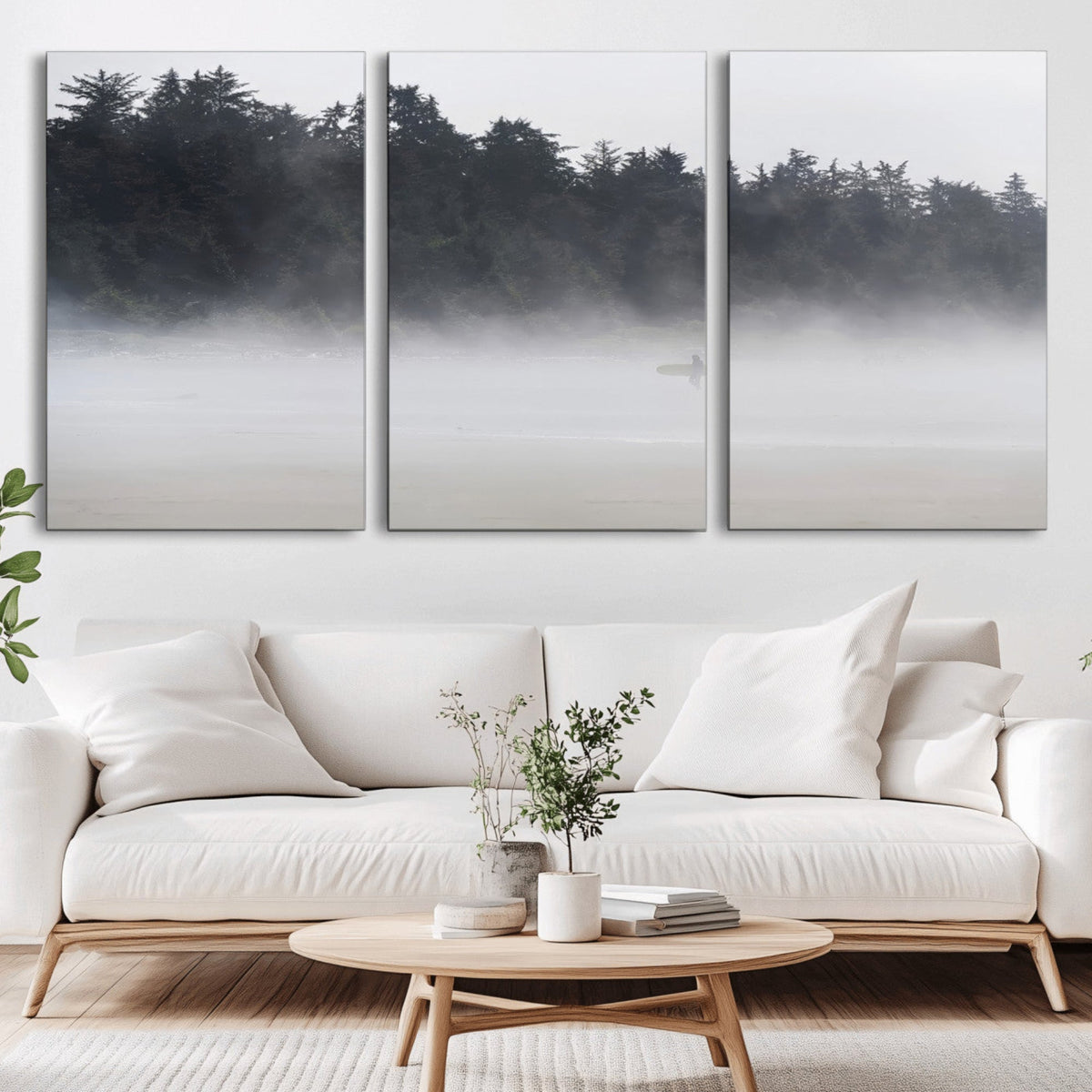 Surfer Fog Wall Art Canvas Print, Framed Foggy Beach and Coastal Surf Scene