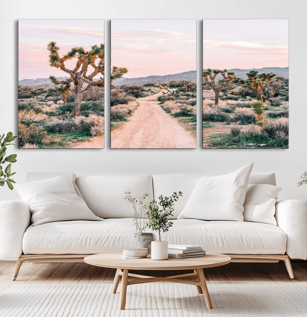 Joshua Tree Wall Art Canvas Print, Framed Desert Road Scene at Sunset