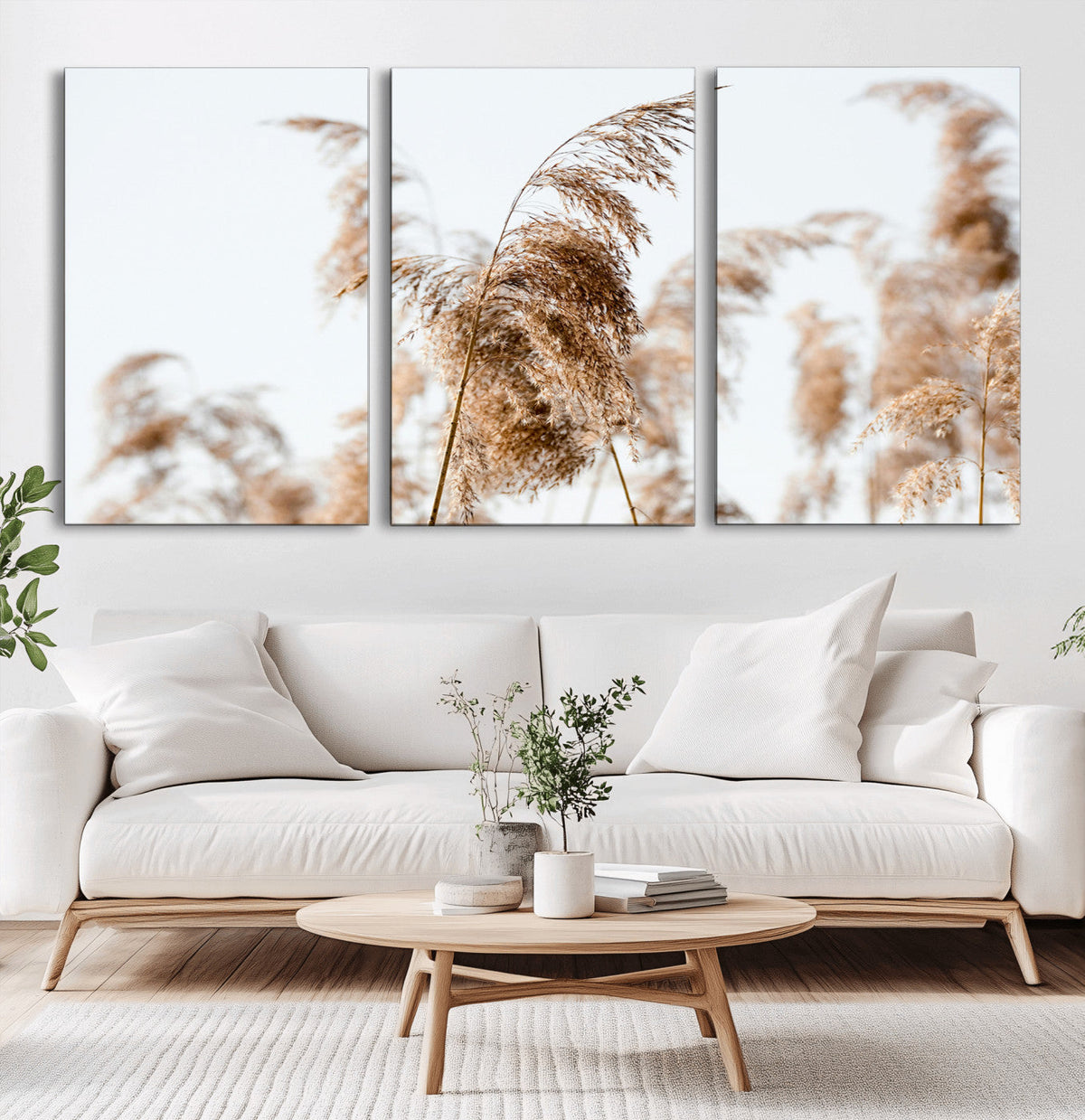 Pampas Grass Wall Art Canvas Print, Framed Neutral Tones Minimalist Boho