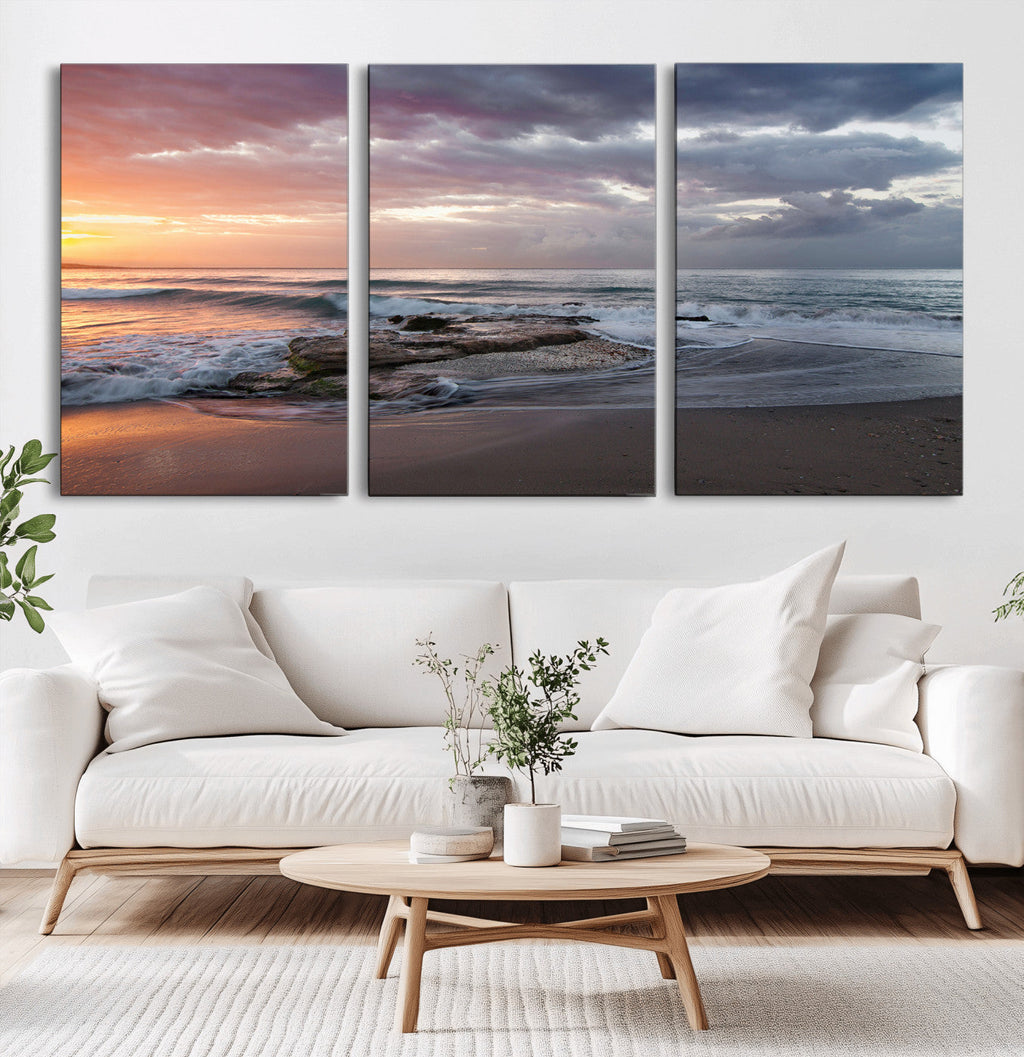 Golden Hour Wall Art Canvas Print, Framed Tranquil Waves Beach Sunset