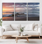 Golden Hour Wall Art Canvas Print, Framed Tranquil Waves Beach Sunset