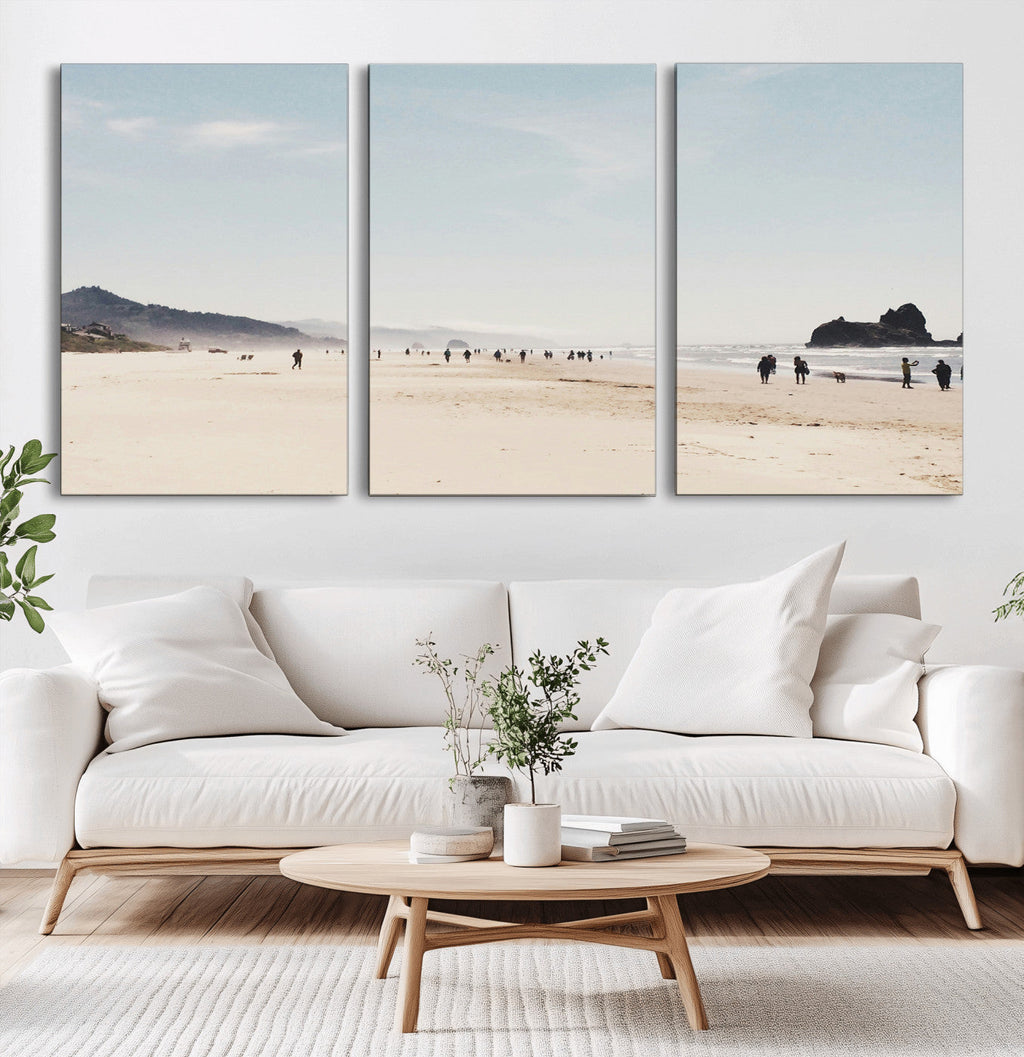 Minimalist Beach Wall Art Canvas Print, Framed Coastal Serenity Soft Sand