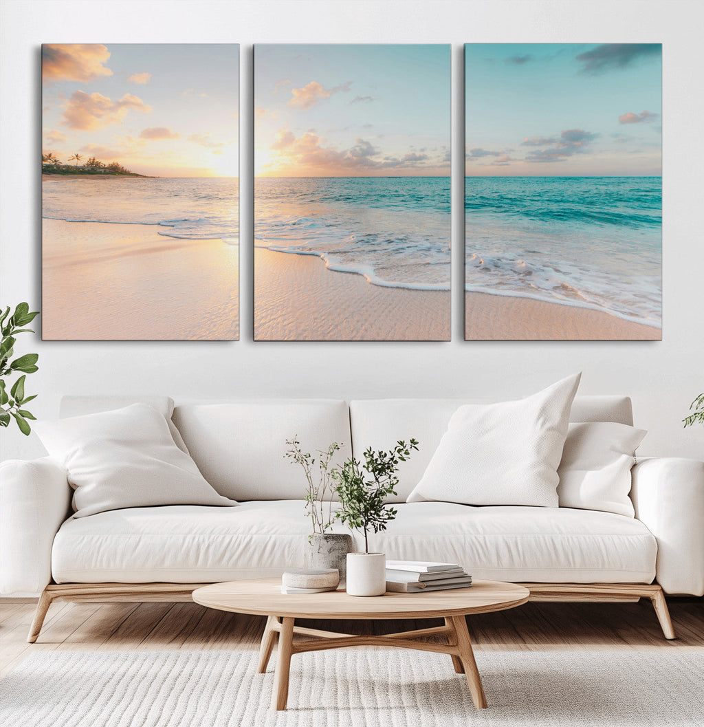 Beach Sunset Wall Art Canvas Print, Framed Ocean Waves Summer Escape