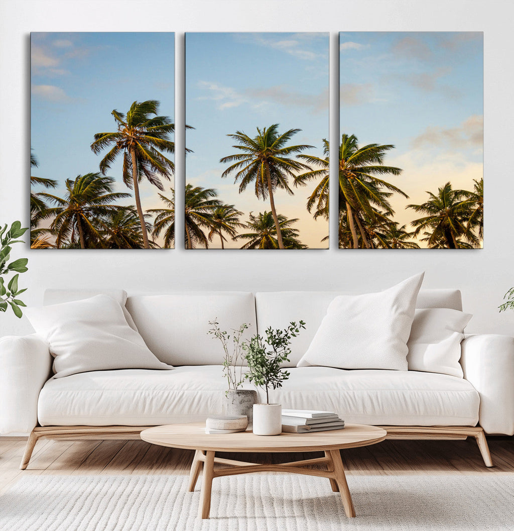 Palm Trees Wall Art Canvas Print, Framed Tropical Vibes Coastal Sunset
