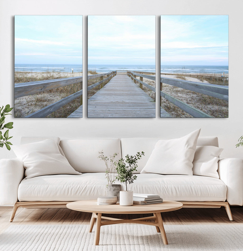 Beach Boardwalk Wall Art Canvas Print, Framed Coastal Serenity Ocean View