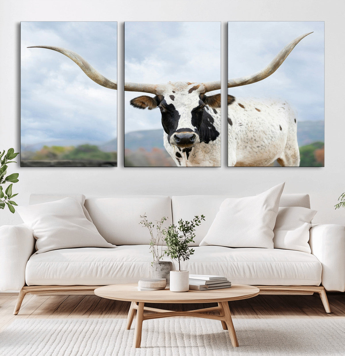 Texas Longhorn Wall Art Canvas Print, Framed Western Rustic Farmhouse