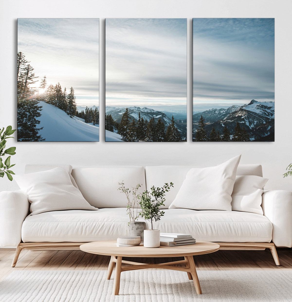 Snowy Mountains Wall Art Canvas Print, Framed Alpine Landscape Frosty Peaks Artwork