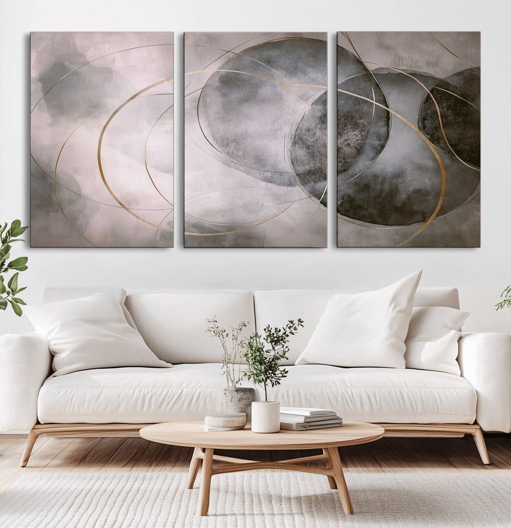 Abstract Grey Gold Wall Art | Modern Geometric Canvas