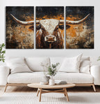 Abstract Longhorn Bull Wall Art Canvas Print, Vintage Western Texas Steer Artwork