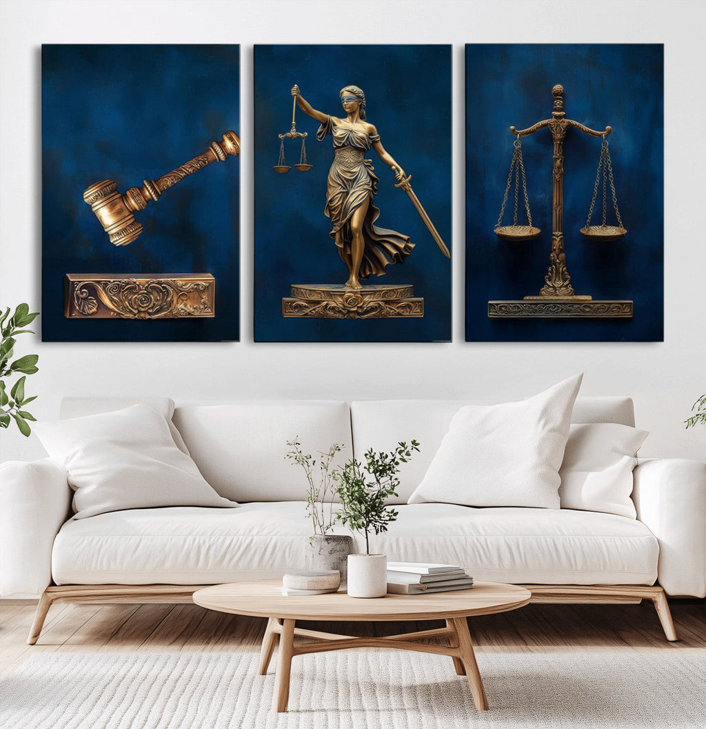 Lady Justice Wall Art Canvas Print, Elegant Gold Legal Symbols on Blue, Law Office Decor