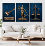 Lady Justice Wall Art Canvas Print, Elegant Gold Legal Symbols on Blue, Law Office Decor