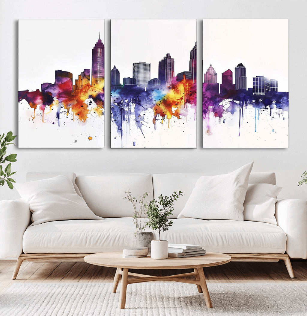 Atlanta Skyline Wall Art Canvas Print, Framed Colorful Watercolor Cityscape