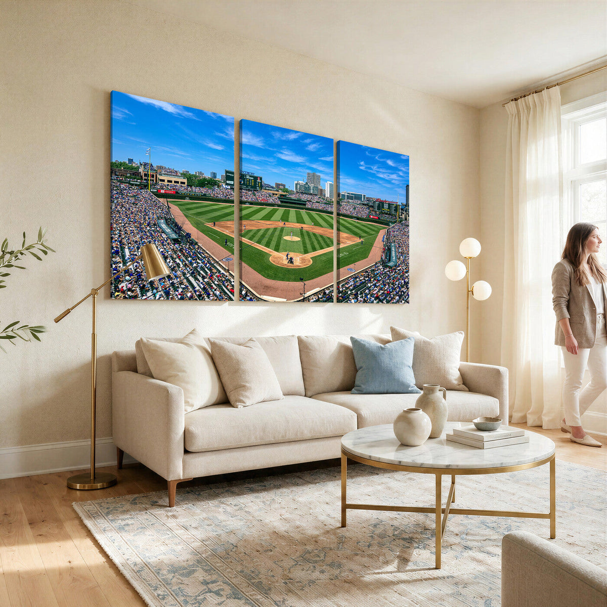 Wrigley Field Baseball Stadium Canvas Wall Art, Packed Crowd and Chicago Skyline